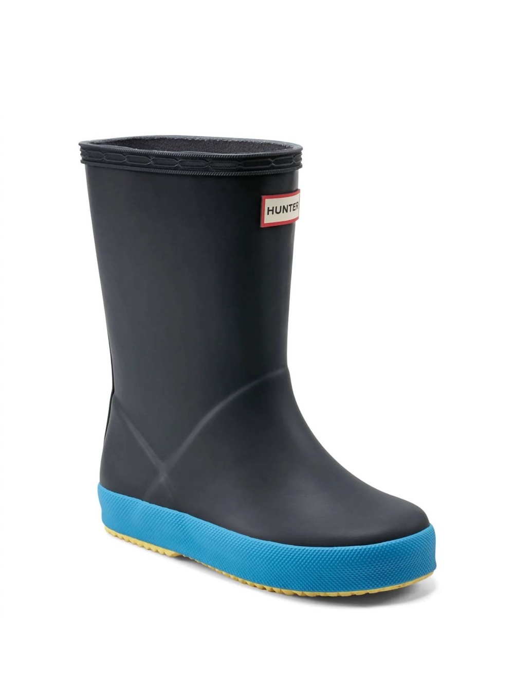 Hunter Classic Kids Navy Rain Boot with Bright Blue Trim and Yellow Sole -Size 1